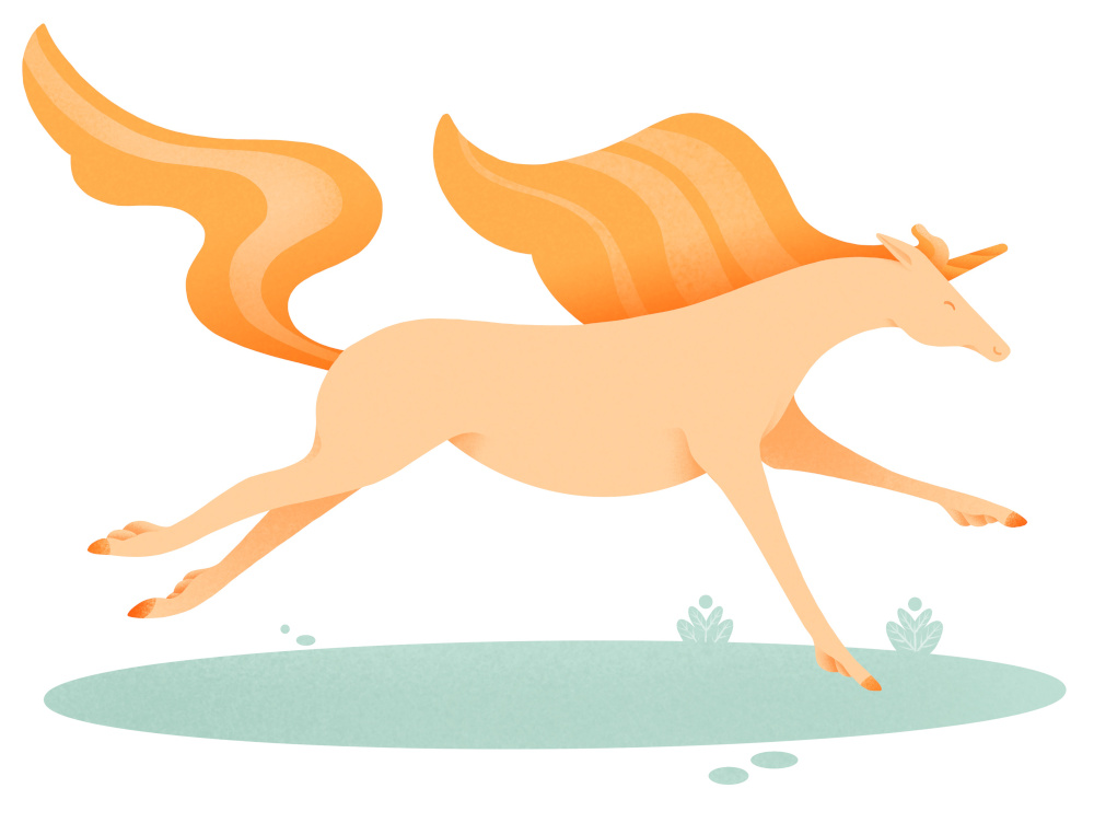 Fantasy illustration of running unicorn on field of grass.